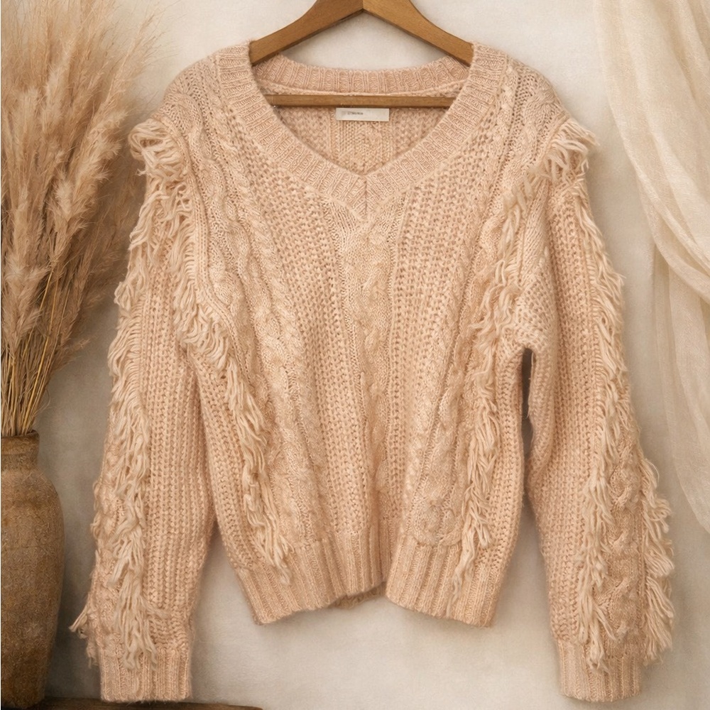 Pink Cable Knit Fringe Sweater Boho Cottagecore Textured Wool Blend Pullover